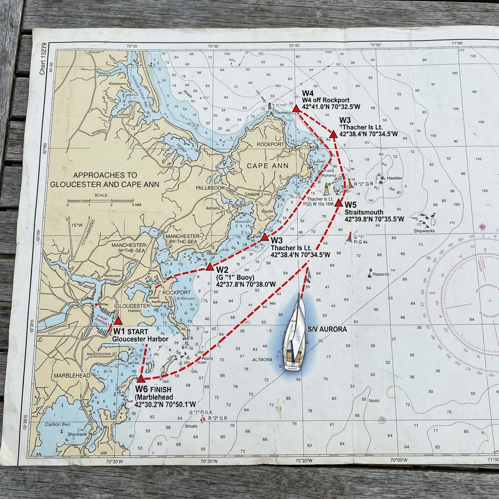 Nautical chart of Gloucester and Cape Ann with sailing route marked from Gloucester Harbor to Marblehead including waypoints W1 to W6